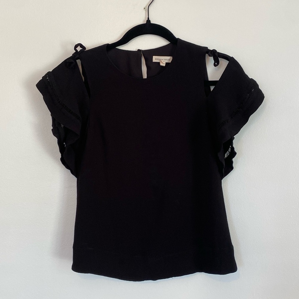 Rebecca Taylor black top with tie sleeve detail. Ties are adjustable. Size 0.